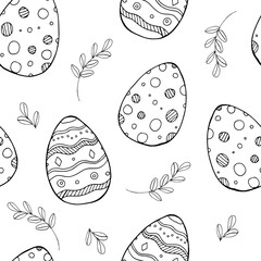 Happy Easter seamless pattern greeting card with decorated painted Easter eggs and twigs. Thin line stroke style design for invitations, prints, wrapping paper