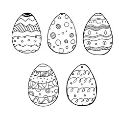 Easter eggs Hand drawn in line decorative elements in vector for coloring book and greeting card. Black and white