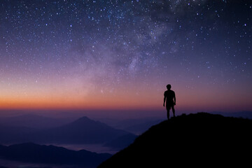 Obraz na płótnie Canvas Silhouette of young man standing and watched the star, milky way and night sky alone on top of the mountain. He enjoyed traveling and was successful when he reached the summit.