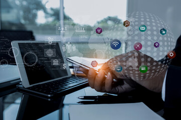 Technology and financial advisory services concert. Business hands and working on tablet and...