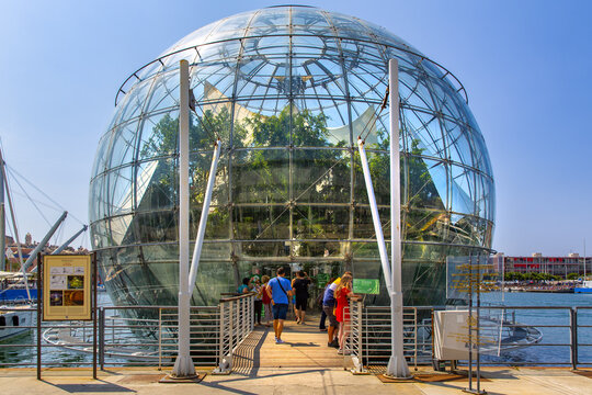 GENOA, ITALY, 2019, JULY 19: Beautiful view of the ancient port of Genoa with the Biosphere, Italy