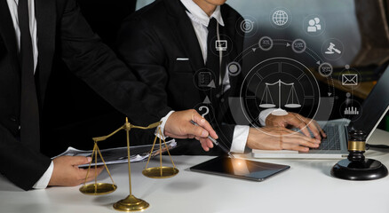 Concepts of Law and Legal services. Lawyer working with law interface icons. Blurred background.	