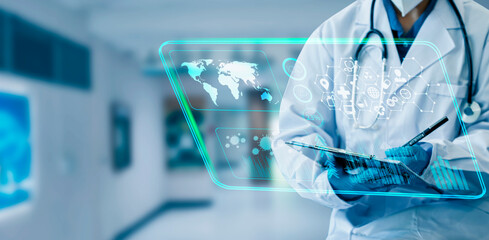 Medicine doctor using digital healthcare and network connection on hologram modern virtual screen interface icons, Medical technology futuristic concept.