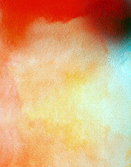 Watercolor of yellow, orange, red and green colors. Multicolor abstraction with watercolor paper texture. Gradient bright colors. Neon illustration.
