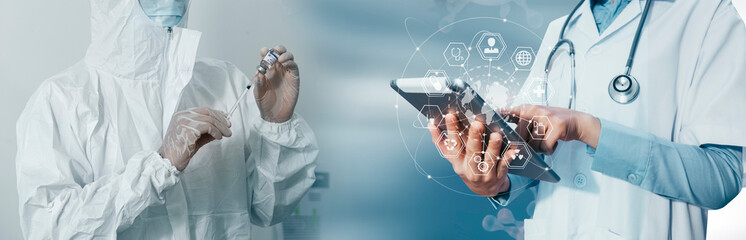 Medicine doctor using digital healthcare and network connection on hologram modern virtual screen...