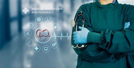 Medicine doctor using digital healthcare and network connection on hologram modern virtual screen...