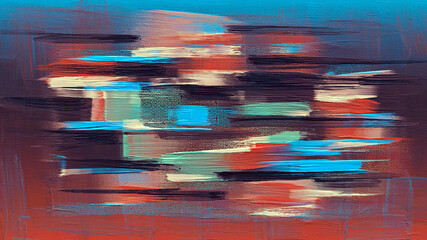 Naklejka premium Colorful horizontal paint strokes, oil painting on canvas. Abstract grungy background, red and blue