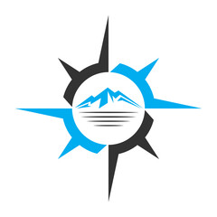Compass rose with mountain icon vector.