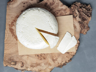 farm cheese on wooden stand on gray background - 478158650
