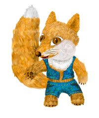 A fox in a vest and pants, like a cartoon character or a fairy tale