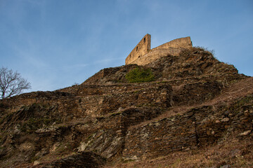 The view from below of the Niederburg castle ruins in Kobern-Gondorf