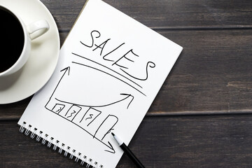 A notebook on which a graph is drawn and the word sale is written. Wooden table with a white cup of coffee. Place for your text. Business concept