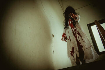 Portrait of asian woman make up ghost,Scary horror scene for background,Halloween festival...