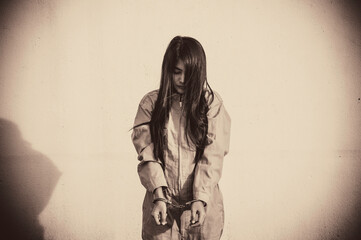 Prisoner in orange robe concept,Portrait of asian woman in Prison uniforms on white background,