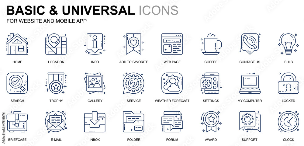 Leinwandbilder Simple Set Basic Line Icons for Website and Mobile Apps. Contains such Icons as Location, Briefcase, Lamp, Support, Business, Award. Conceptual color line icon. Vector pictogram pack.