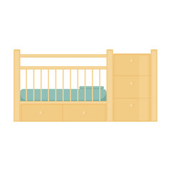 Children s wooden crib. A bed for children with drawers. Children s wooden furniture for newborns, with mattress and pillow. Vector illustration isolated on a white background