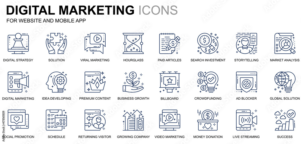 Leinwandbilder Simple Set Business and Marketing Line Icons for Website and Mobile Apps. Contains such Icons as Digital Strategy, Global Solution, Market. Conceptual color line icon. Vector pictogram pack.