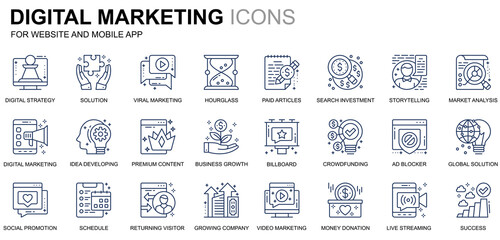 Simple Set Business and Marketing Line Icons for Website and Mobile Apps. Contains such Icons as Digital Strategy, Global Solution, Market. Conceptual color line icon. Vector pictogram pack.