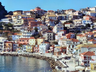 Fototapeta na wymiar parga city greek tourist resort houses roofs sea , greece