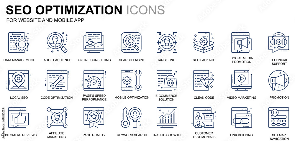 Poster simple set seo and web optimization line icons for website and mobile apps. contains such icons as t