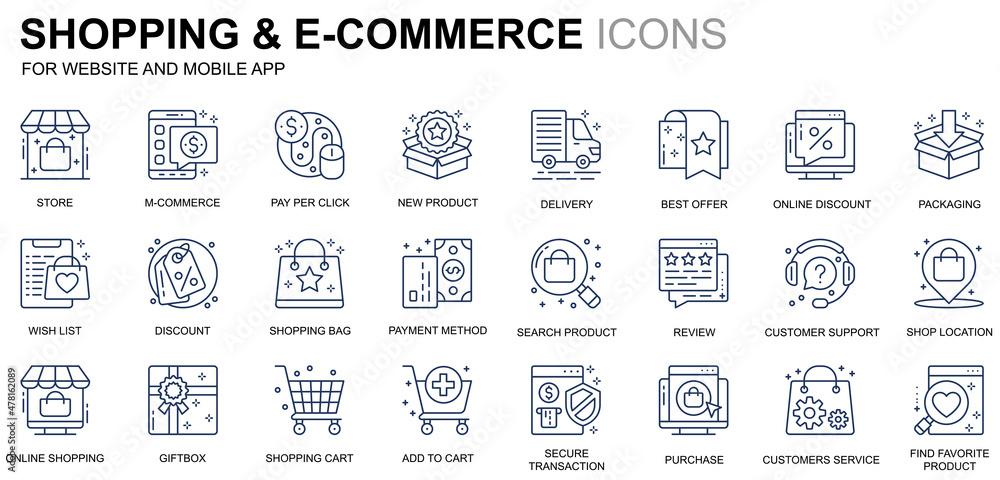Poster simple set shopping and e-commerce line icons for website and mobile apps. contains such icons as de