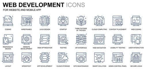 Simple Set Web Disign and Development Line Icons for Website and Mobile Apps. Contains such Icons as Coding, App Development, Usability. Conceptual color line icon. Vector pictogram pack.
