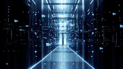 Digital information particles flow through network and data servers behind mesh panels in a server room of a data center or ISP. Forward Dolly Shot, High-Quality Animation - Powered by Adobe