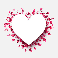 Pink foil hearts confetti heart shape frame with space for text.