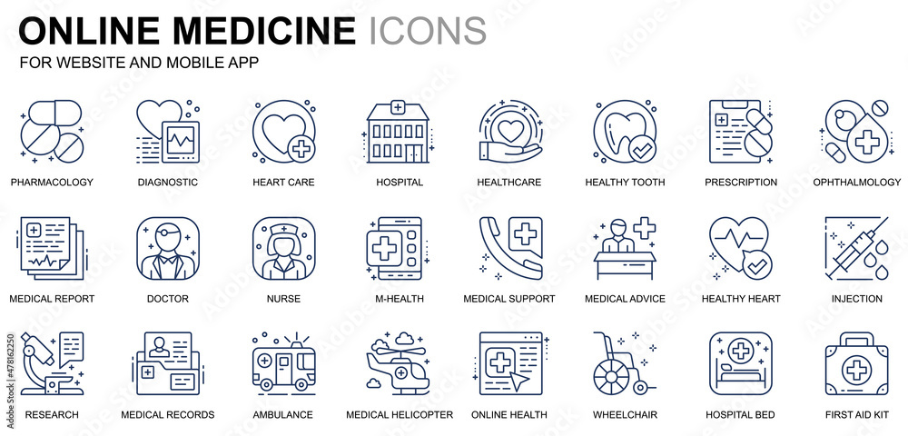 Poster simple set healthcare and medical line icons for website and mobile apps. contains such icons as amb