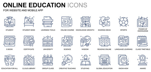 Simple Set Education and Knowledge Line Icons for Website and Mobile Apps. Contains such Icons as Online Course, University, Studying, Book. Conceptual color line icon. Vector pictogram pack.