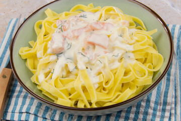 smoked salmon tagliatelle on a plate