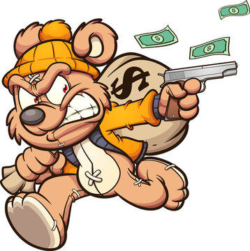 Teddy bear stealing a big bag of money. Vector illustration with simple gradients. All on a single layer.