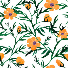 Seamless watercolor floral pattern - green leaves and branches composition on white background.