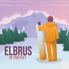 Elbrus mountains tree human man nature winter snow snowboard