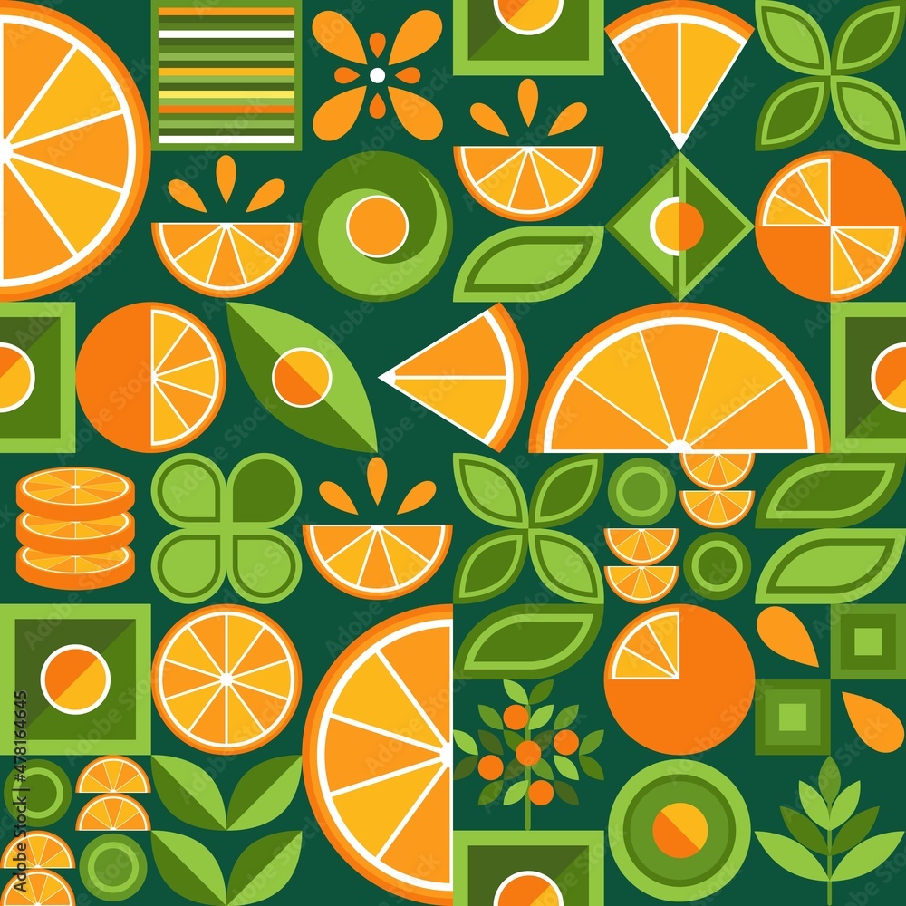 Poster seamless background with oranges in simple geometric style. abstract shapes. good for branding, deco
