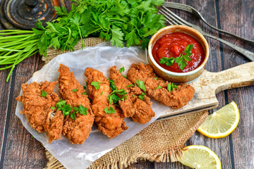 Crispy  deep fried   chicken strips and wedges potato. Breaded  with cornflakes chicken  breast fillets  with chilly peppers and fresh   basil on wooden rustic background