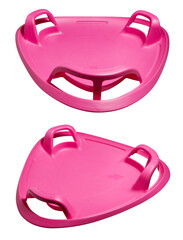Set of pink triangle children's plastic sledges (ice-boats) isolated on white background with clipping path
