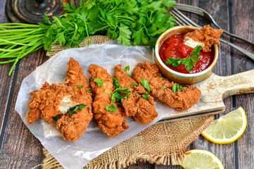 Crispy  deep fried   chicken strips and wedges potato. Breaded  with cornflakes chicken  breast fillets  with chilly peppers and fresh   basil on wooden rustic background
