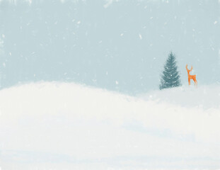 Winter landscape with snow, tree, deer. Hand drawn winter background scene with subtle canvas effect.