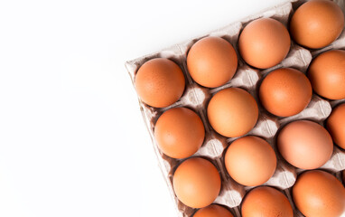 Egg box with brown eggs isolated on white background. Fresh organic chicken eggs in carton pack with copy space