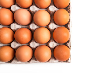 Egg box with brown eggs isolated on white background. Fresh organic chicken eggs in carton pack with copy space