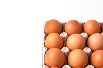 Egg box with brown eggs isolated on white background. Fresh organic chicken eggs in carton pack with copy space