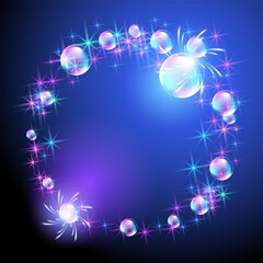 Glowing fairytale background with soap bubbles and sparkling stars. Round fantasy magical frame consists of transparent iridescent balls and copy space.