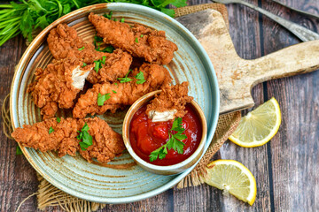 
 Crispy  deep fried   chicken strips and wedges potato. Breaded  with cornflakes chicken  breast fillets  with chilly peppers and fresh   basil on wooden rustic background