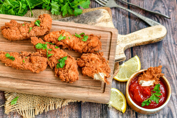 Crispy  deep fried   chicken strips and wedges potato. Breaded  with cornflakes chicken  breast fillets  with chilly peppers and fresh   basil on wooden rustic background