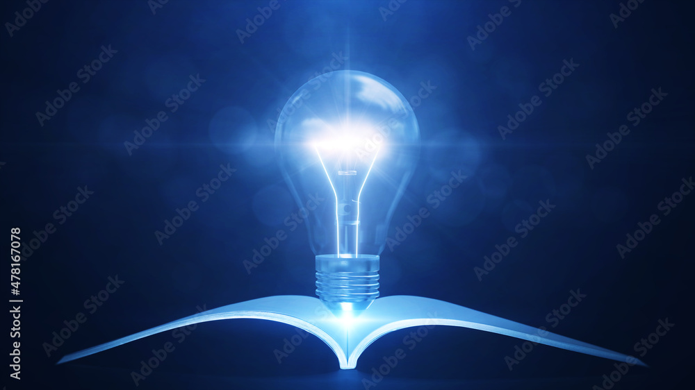 Aufkleber Knowledge gained from reading books or textbooks can help create new innovative ideas. There was a book under the glowing light bulb. against a dark blue background.