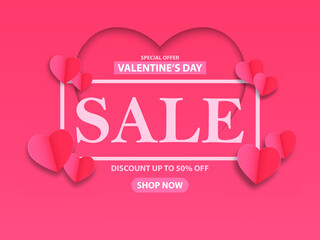 Valentines day sale banner design with discount up to 50%. suitable for social media, websites and can also be printed. heart shape ornament in paper cut style.