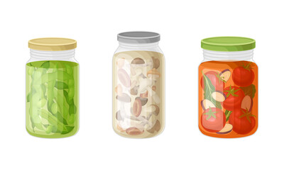 Closed Glass Jar with Preserved Food in Marinade Vector Set