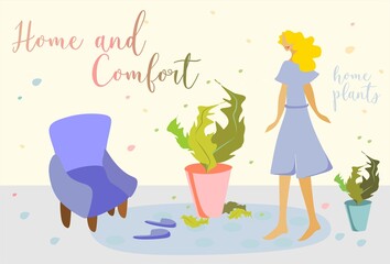 The girl is standing in the house, next to an armchair and houseplants.