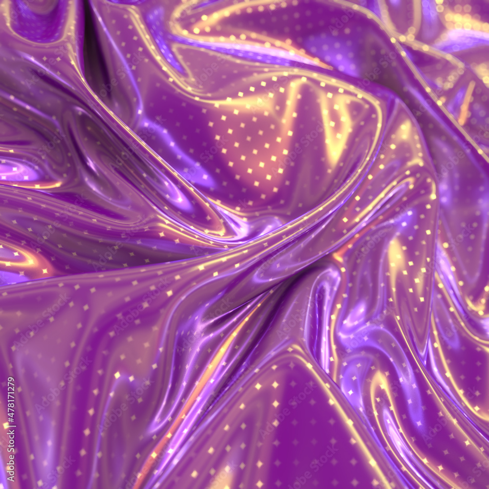 Poster metallic wavy iridescent glitter fabric with a pattern of shiny diamonds. 3d rendering digital illus